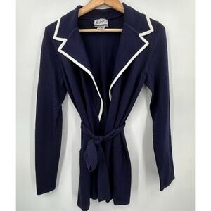 The Look Randolph Duke Belted Sweater Cardigan Jacket Womens XS Navy Blue White